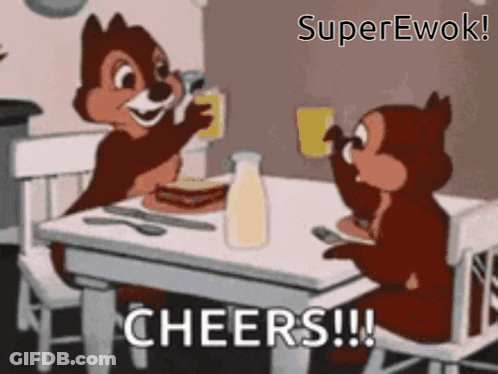 Chip And Dale Are Sitting At A Table Drinking Juice And Toasting GIF
