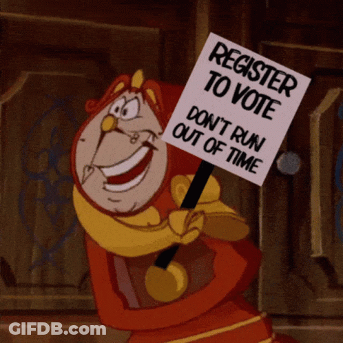 Chip From Beauty And The Beast Holding Register To Vote Sign GIF