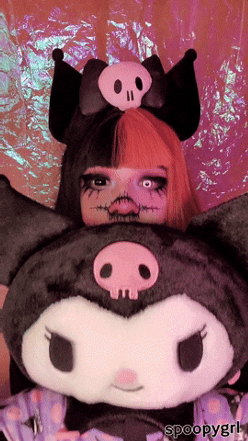 Chococat Woman Holding Kuromi Big Stuff Toy GIF