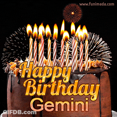 Chocolate Birthday Cake With Candles And Fireworks Says Happy Birthday Gemini GIF