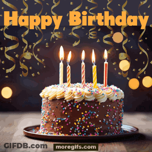 Chocolate Birthday Cake With Candles And Sprinkles Saying Happy Birthday GIF