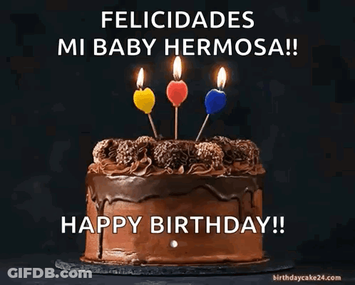 Chocolate Birthday Cake With Three Lit Candles GIF