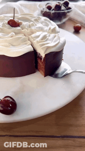 Chocolate Cake With Whipped Cream And Cherries GIF