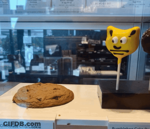Chocolate Chip Cookie Next To Yellow Lollipop GIF