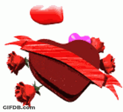 Chocolate Heart With Red Ribbon And Roses GIF