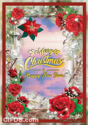 Christmas And Happy New Year Card With Red Roses GIF