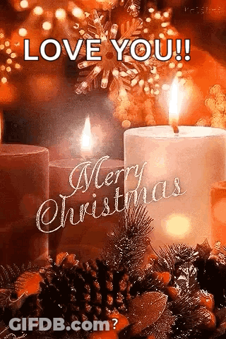 Christmas Card With Candles And Pine Cones Saying Love You GIF