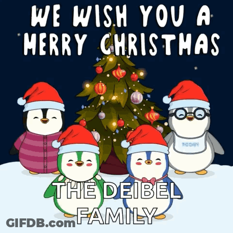 Christmas Card With Four Penguins Saying We Wish You A Merry Christmas GIF
