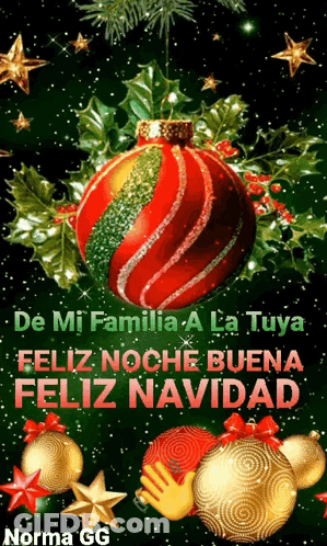 Christmas Card With Red And Green Ornament De Mi Familia A La Tuya Feliz Nochebuena Feliz Navidad GIF