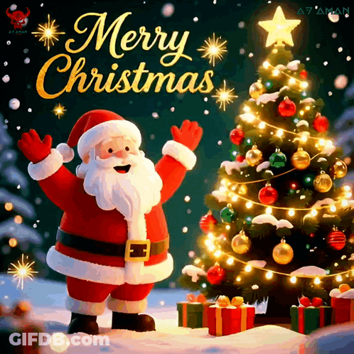 Christmas Card With Santa And Christmas Tree GIF