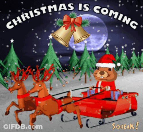 Christmas Card With Squirrel In Sleigh GIF