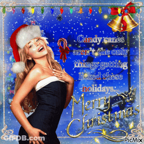 Christmas Card With Woman In Santa Hat And Candy Canes GIF