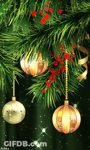Christmas Decorations Hanging From A Christmas Tree With The Name Acbka Below Them GIF