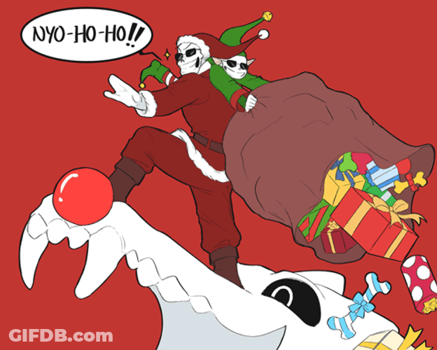 Christmas Elf Together With Skeleton Santa GIF