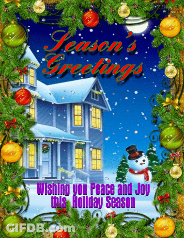 Christmas Greeting Card With House And Snowman GIF