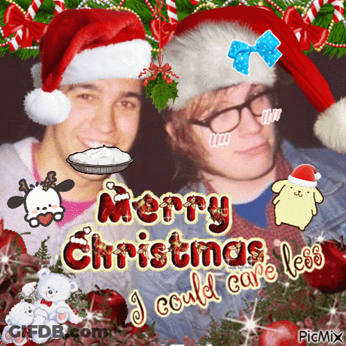 Christmas Greeting Card With Two Men In Santa Hats GIF