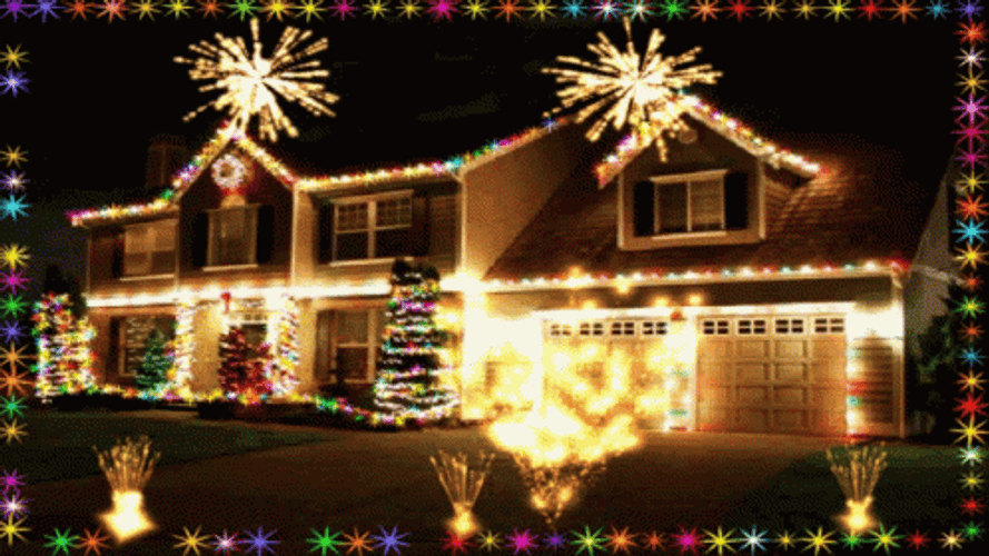Christmas Lights House Fireworks GIF