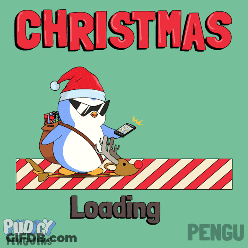 Christmas Loading Screen With Penguin In Sunglasses And Santa Hat GIF