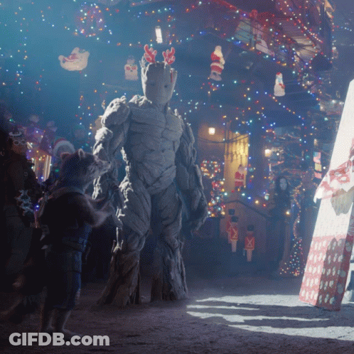 Christmas Scene With Statue Of Groot GIF
