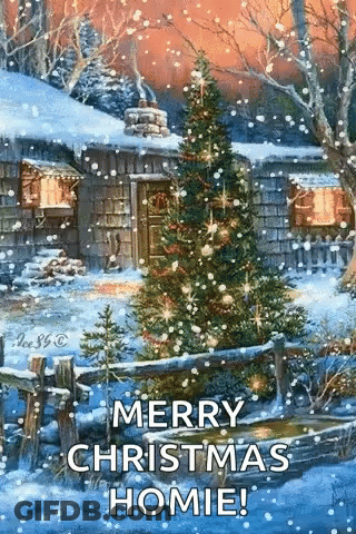 Christmas Tree By Snow Cabin GIF