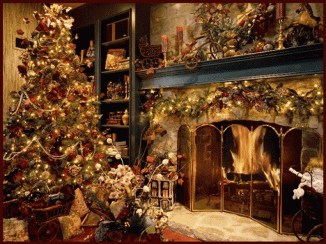 Christmas Tree Fireplace Gold Glow GIF