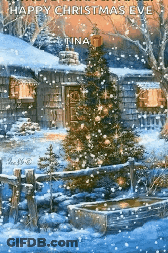 Christmas Tree In Front Of House In Snow GIF