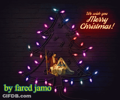 Christmas Tree Made Of Lights Saying We Wish You Merry Christmas GIF