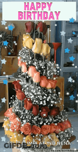 Christmas Tree Made Of Roses And Baby's Breath Says Happy Birthday GIF