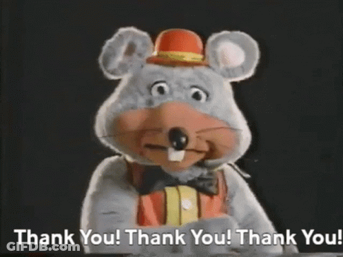 Chuck E Cheese Is Wearing A Hat And Bow Tie And Is Saying Thank You . GIF