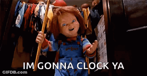 Chucky Doll Holding Stick Saying Im Gonna Clock Ya GIF