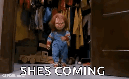 Chucky Doll Pointing At Camera GIF