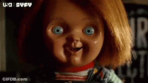 Chucky Doll With Big Blue Eyes Smiling GIF