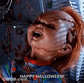 Chucky From Childs Play Is Holding A Pair Of Scissors In His Hand And Says `` Happy Halloween '' . GIF