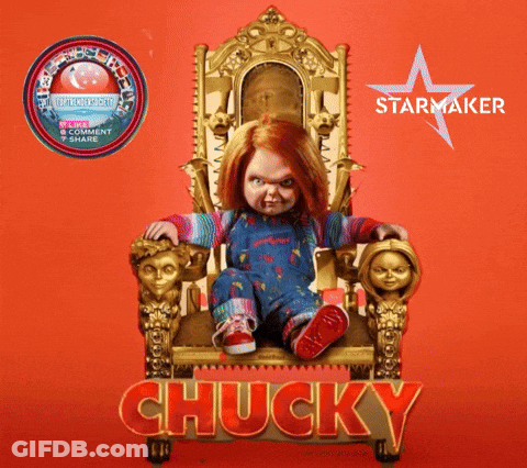 Chucky Poster Doll On Gold Throne GIF