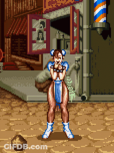Chun Li Standing In Front Of Barber Shop GIF