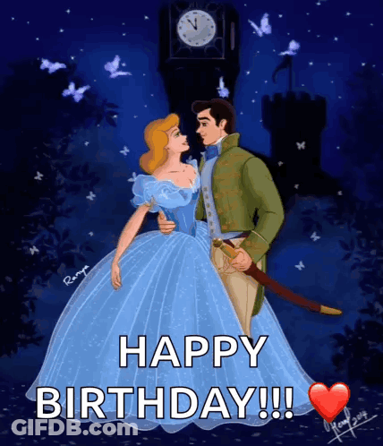 Cinderella And Prince Charming Are Kissing In Front Of A Clock Tower And The Words Happy Birthday GIF