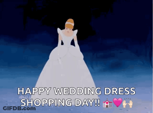Cinderella In A Wedding Dress With The Words Happy Wedding Dress Shopping Day On The Bottom GIF