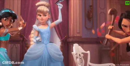 Cinderella Is Holding A Gun While Jasmine Is Holding A Hammer And Cinderella Is Holding A Chair GIF