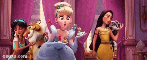 Cinderella , Jasmine , And Pocahontas From Disney Princess Are Standing Next To Each Other In A Room . GIF