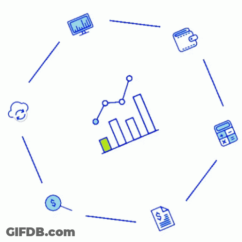 Circle Of Icons Surrounding Graph With Dollar Sign GIF
