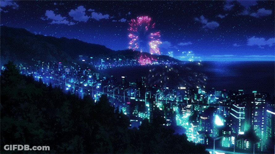 City Fireworks Amazing Anime Scenery GIF