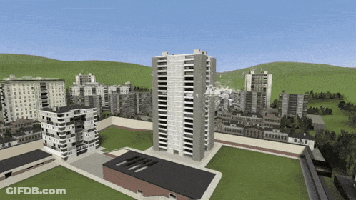 City With Tall Building In Center GIF