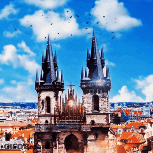 Cityscape Castle Shining Birds Above GIF