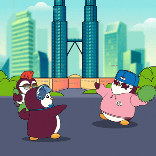 Cityscape Pudgy Penguins Playing GIF