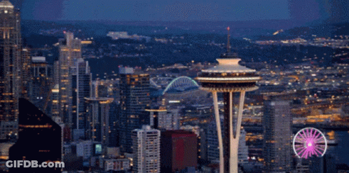 Cityscape With Ferris Wheel And Space Needle GIF