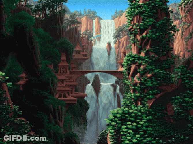 Civilization Beyond Earth With Homes Near Waterfall GIF