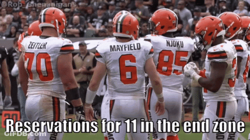 Cleveland Browns Players With Caption Reservations For 11 In End Zone GIF
