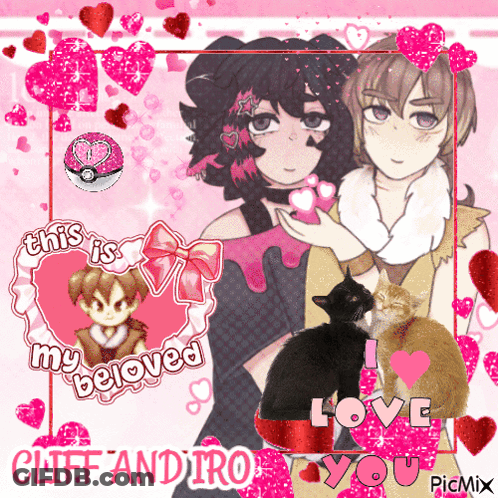 Cliff And Iro With Cat And Hearts GIF