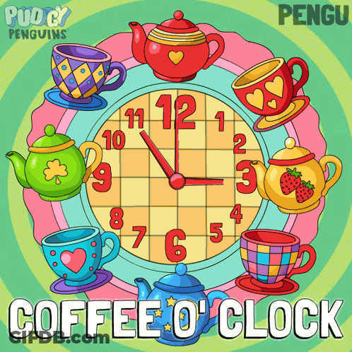 Clock With Teapots And Cups Saying Coffee O'Clock GIF