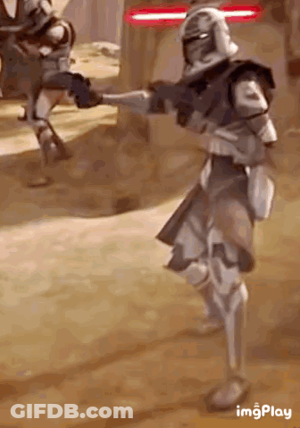Clone Trooper Holding Gun Standing On One Leg GIF